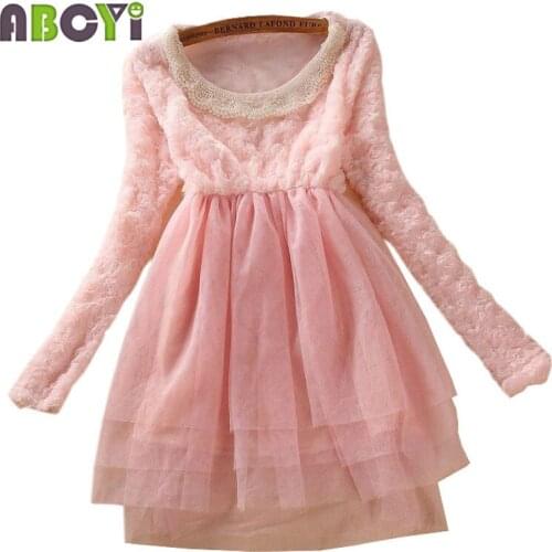 10-12 Years Girl Dress 2015 Autumn Dress Long Sleeve Beaded Princess Dress Plush Patchwork Mesh Dresses Tutu Vestidos