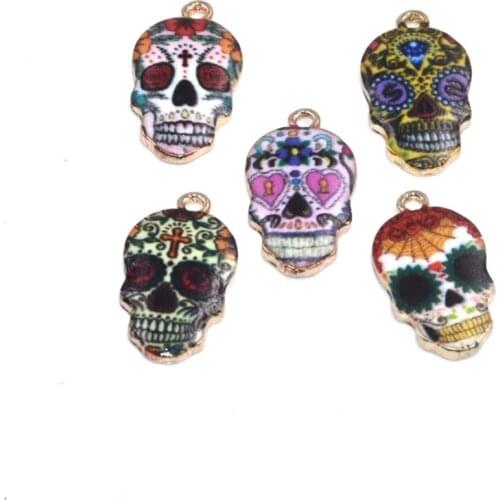 10PCS/Lot New Skulls Charms Retro Mixed Alloy Halloween Pendants Drip Oil Tone 12x22mm charms for bracelet making