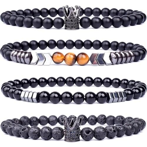 3Pcs/Set Crwon Nature Stone Bead Bracelets Lava Stone Hematite Obsidian Bracelets for Women Men Fashion Healing Diffuser Jewelry