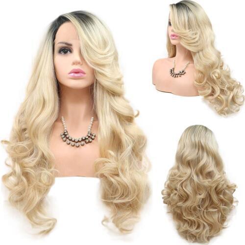 Blonde 2T Ombre with Dark Roots Body Wave Lace Front Wigs Long Blonde Wave Curly Looking Glueless Synthetic Wig with Baby Hair