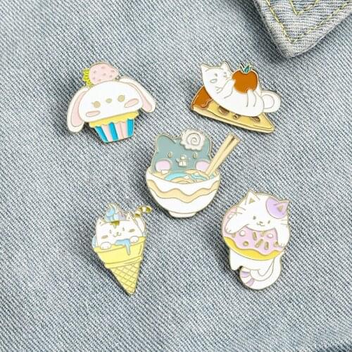 Children Jewelry Cat Eatting Food Enamel Pin Pizza Ice Cream Ramen Donuts Cupcake Brooches Bag Lapel Pin Cartoon Badge Gift
