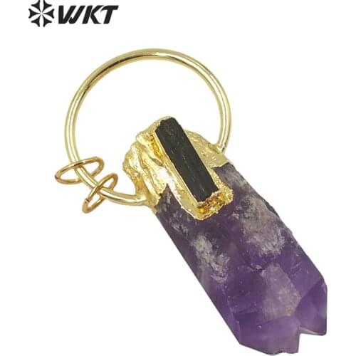 WT-P1624 Amazing big ring decorated Natural stone Amethysts point pendant with black tourmaline women fashion gold stone pendant