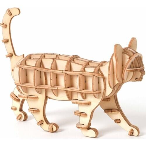 Laser Cutting DIY Animal Cat Toys 3D Wooden Puzzle Toy Assembly Model Wood Craft Kits Desk Decoration for Children Kid