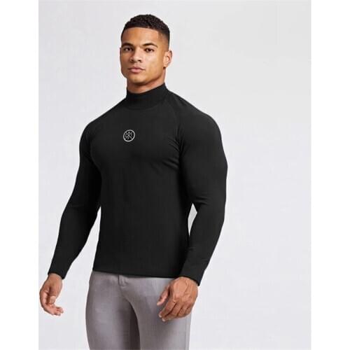 Gym Brand Fitness Casual Mens Clothing Breathable Autumn and Winter Fashion Trend Middle Collar Long Sleeve Slim Sports T Shirt