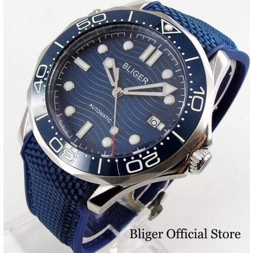 BLIGER Top Mechanical Men Wristwatch Sapphire Glass Rubber Band Date Indicator Rotaitng Bezel