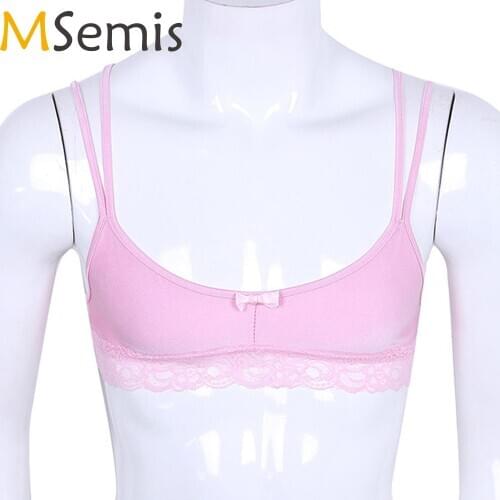 MSemis Mens Sissy Lingerie Gay Sissy Bra for Men Smooth Wire-free Bralette Lace Hem Strappy Bra Top for Gay Underwear