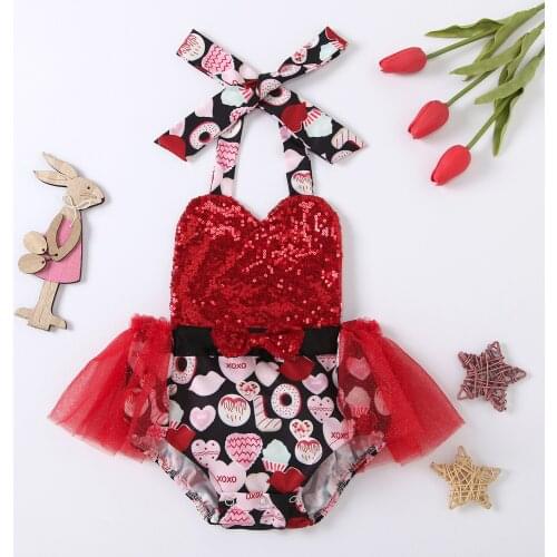 2021 New Toddler Baby Girls Sequin Love Printing Halter Mesh Ruffle Bodysuit Casual V-neck One-piece Valentines Day Clothing