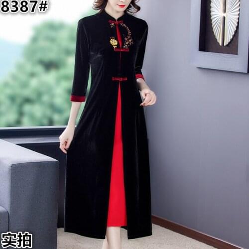 2021 Spring and Autumn New Lady Chinese Style Embroidery Fake Two-Piece Improved Cheongsam Dress Gold Velvet