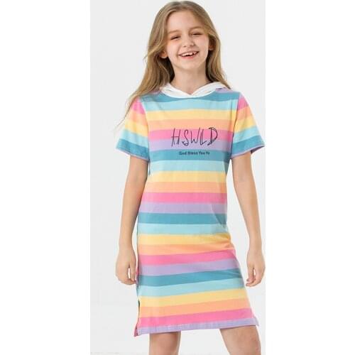 Hooded Casual Striped A-Line Kids Girl Summer Dress Letter Print lovely Children Dress Student Teenage Clothes 6 8 10 12 14 year