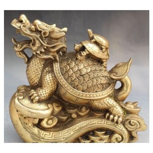 RHS0076 9"Chinese Bronze Wealth Yuanbao Money Ru Yi Dragon tortoise Turtle Animal Statue