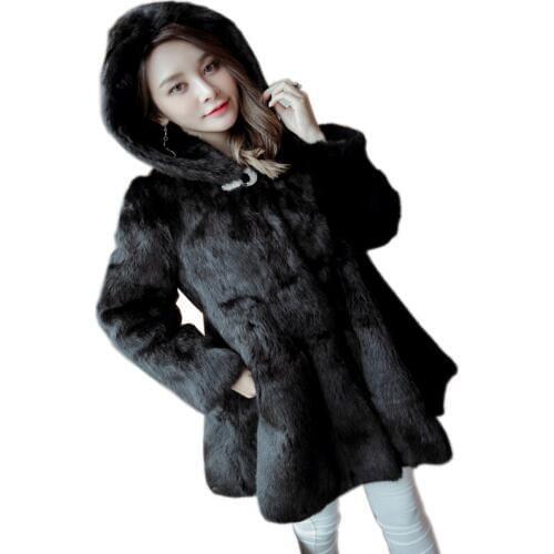Warm Winter Thick Fur Women real natura Fur Coat Medium-long Hooded Rabbit Fur Coats and Jackets Plus Size White, Black red