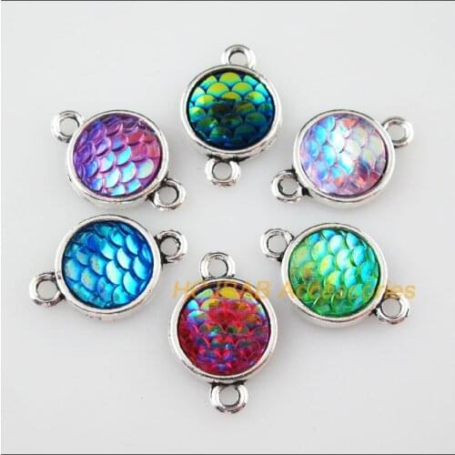 18 Scales Resin Connectors Round Mixed Charms Tibetan Silver Pendant 12x19mm