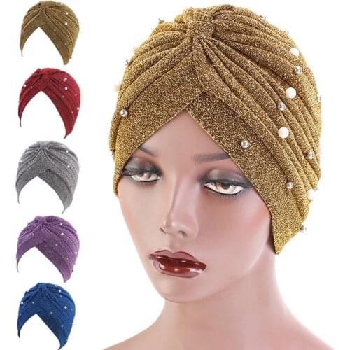 New fashion Women Beaded Glitter Muslim Turban shinny Headband for Women Hair Lose Cap Head Wraps Hair Accessories
