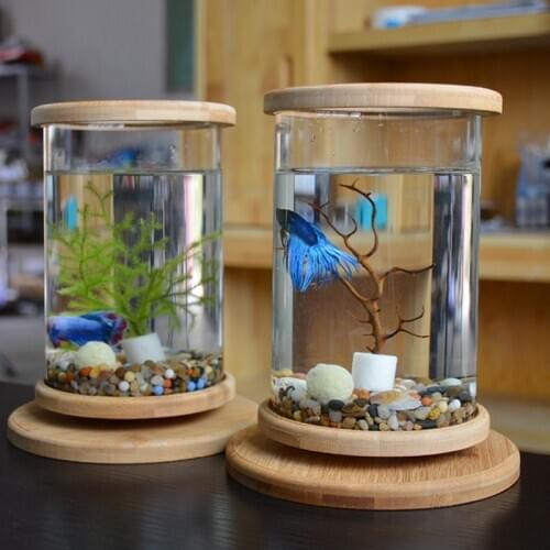 360 Degree Rotating Glass Betta Fish Tank Bamboo Base Mini Fish Tank Decoration Rotate Fish Bowl Aquarium Office Accessories