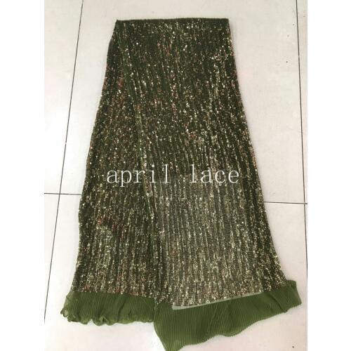 Xx002 pleated crushed light olive green sequin embroidery net tulle mesh lace for evening dress/sawing/wedding