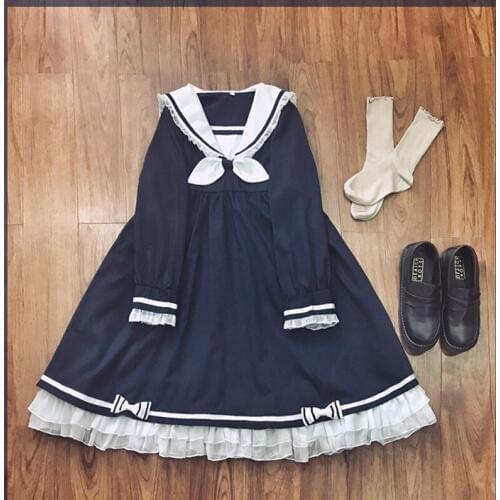 Japanese Dress Kawaii Sweet Lolita Dress Vintage Bowknot Short/Long Sleeve Dress Victorian Sailor Suit Kawaii Girl Loli SL2954