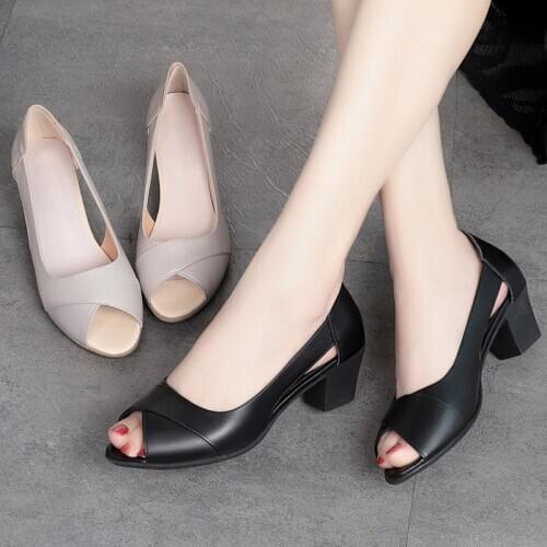 2020 new hot Summer Women Dress Shoes Peep Toe Office Work Shoes Medium Heels Pumps Open Toe Woman Sandals Black zapatos mujer
