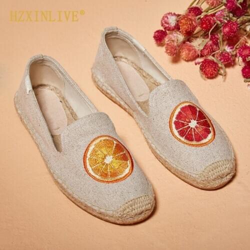 Women Espadrille Shoes 2020 Orange Embroider Espadrilles Platform Shoes Woman Hemp Canvas Flat Shoes Ladies Casual Beach Flats