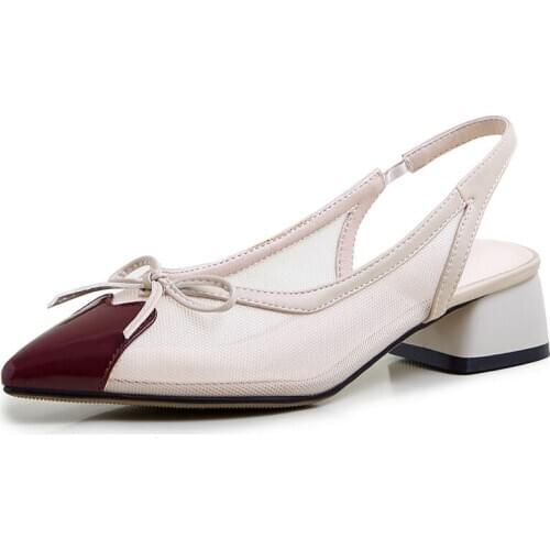 COOLULU 2020 Plush Size 33-43 Fashion Women Pointed Toe Pumps Mesh Mid Heel Pumps Slingback Pumps for Ladies Beige Black Shoes