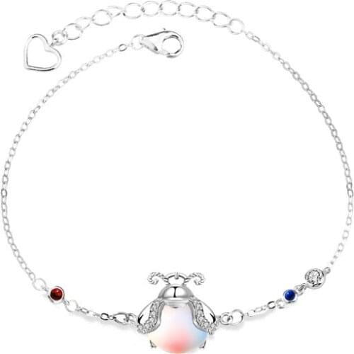 925 Sterling Silver Firefly Bracelet Womens Moonstone Insect Bracelet Engagement Wedding Jewelry