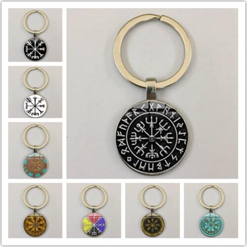 Nordic Viking Symbol Steampunk Keychain Vegvisir Warrior Viking Compass Glass Dome Keychain Retro Pattern Amulet Keychain