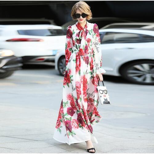 2019 Spring/Summer Fashion Designer Long Dress Womens Long Sleeve Bow Collar Roses Print Amazing Party Vintage Maxi Dress