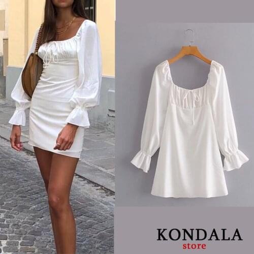 Women Dress Sexy Slash Neck Solid White Mini Party Dress Long Sleeve Flare Bow Tie Sheath Ruffles Dresses Female Vestidos Mujer