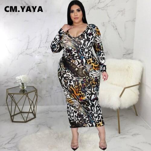 CM.YAYA Women Plus Size Dress Print Full Sleeve V-neck Stretchy Bodycon Skinny Dresses Vintage Fashion Vestidos Autumn Outfits