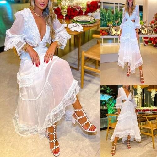 Women Long-sleeved Dress with Lace Decoration,Female White Dresses Sexy Hollow Decoration Spring Clothing