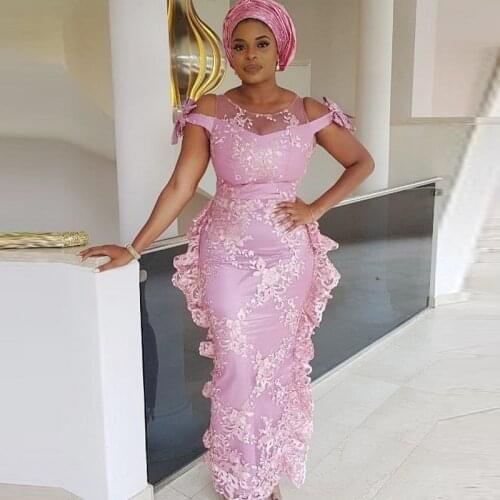 Pink Mermaid Prom Dresses Lace Sheer Neck Appliques Bows Ruffles Aso Ebi Evening Gowns Sleevesless Dubai Women Robe De Soiree