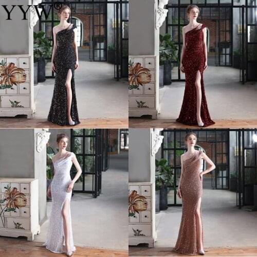 Sexy Sequined One Shoulder Evening Dresses High Slit Gilter Shinning Robes De Soiree Party Vestidos WomenS Long Mermaid Dress