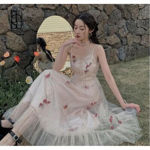 French Sleeveless Vintage Midi Strap Dresses Women Backless Design Floral Sexy Dress Females Evening Korean Fashion Summer 2021