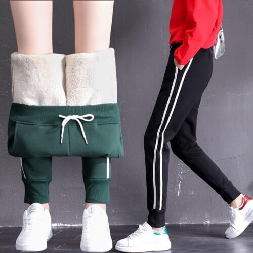 Winter Women Sweatpants Thick Fleece Lamb Velvet Stripe Printed Sport Pant Casual Jogger Running Workout Athletic Pant Trouser