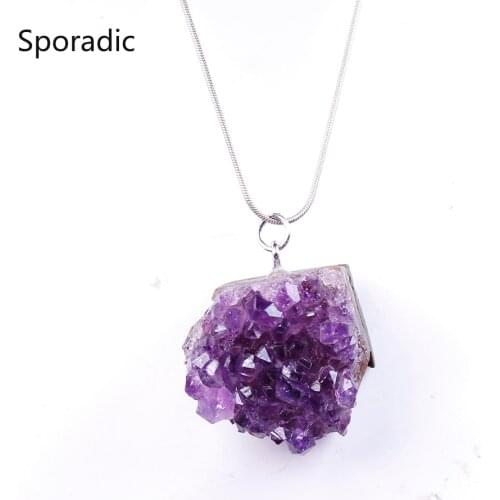 1pc Natural Crystal Necklace Raw Amethyst Quartz Purple Crystal Cluster Pendant Healing Stones Specimen Home Decoration Crafts