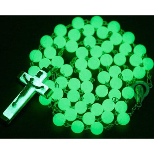 3 Styles 8mm Pale Green Glow-In-The-Dark Bead Cross Pendant Religious Alloy Ox Head Necklace Set Fashion Accessories