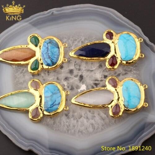 5pcs Natural Stone Waterdrop Beads Pendants Necklace,Plated Gold Bails Blue Turquoises Slab Charms For DIY Jewelry Making