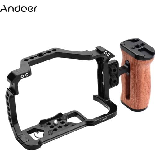 Andoer Aluminum Alloy Camera Cage + Wooden Side Handle Kit Replacement for Canon EOS R5 R6 DSLR camera with 1/4 Inch Screw Holes