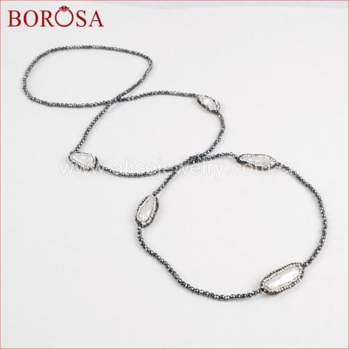 BOROSA 37'' Handcrafted Druzy Pearl Necklaces Rhinestone Pave Natural Freeform Pearl with 3mm Beads Necklace JAB577
