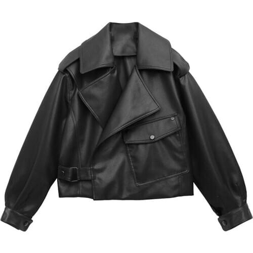 Autumn Hot Sales Imitation Leather Long Sleeve Women Coat Lapel Loose Korean Style Pure Color Casual Coat