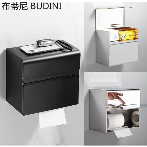 Toilet Paper Holder Black Stainless Steel Bathroom Roll Paper Wall Mount Mobile Phone Rack Paper Towel Holder Toilet Tissue Box