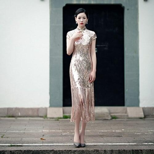 2021 Fashion Cheongsams Long Evening Dresses Sequined Qipao Sexy Mermaid Chinese Dress Cheongsam Gown Fashion Show
