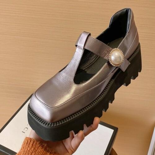 Women Spring High Platform Handmade Genuine Leather Thick Sole Square Toe Slip On Shoes British Style Pearl Decor Womens Shoes