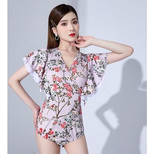 Summer Latin Dance Performance Costume ChaCha Samba Printing Competition Tops Ruffle Sleeve Ballroom Dancing Clothing YS1997