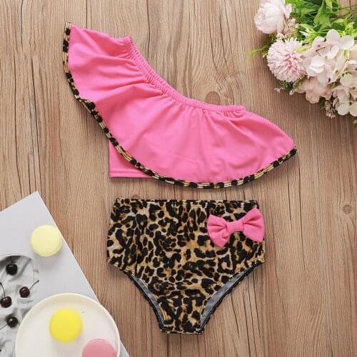 2pcs Toddler Baby Girls Swimsuit Children Bikini Sets Ruffle Leopard Print Bow One Shoulder Beachwear Cute Bathing Swimwear 2021