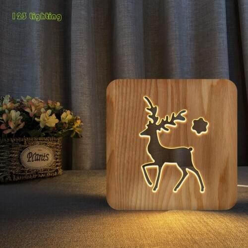 Cute Dartoon Deer Night Lights Nordic Bedroom Night lamp Wooden USB Plug Lighting Fixtures Warm light Christmas Gift Home Deco
