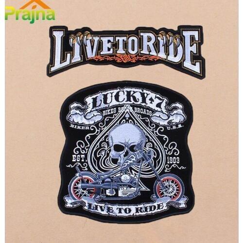 Prajna Skull Motorcycle Large LIVE TO RIDE Back Iron On Patches LUCKY Jacket Biker Punk Patch Embroidered Rock Black American