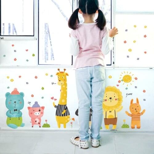Cartoon Animals Panda Lion Giraffe Sticker For Kids Room Wall Colorful Small Flowers Wallpaper Cute Children Bedroom Wall Decal