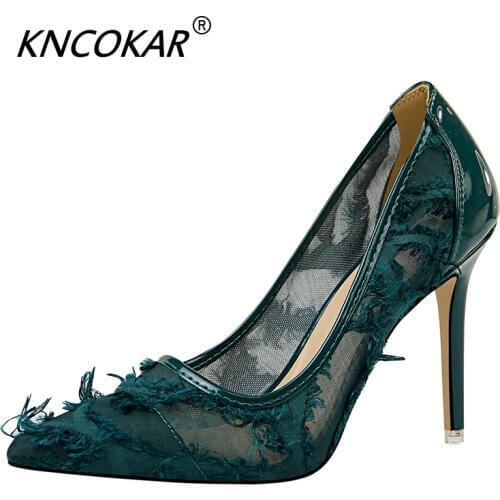 KNCOKAR Spring And Autumn New Fashion Thin Heel Shallow Mouth Pointed Heels Sexy Network Hollowed-Out Single Shoe Female