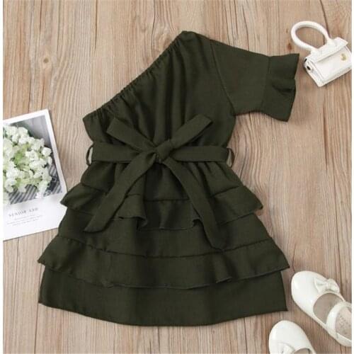 1-6 Years Girls Ruffles One Shoulder Dress Fashion Army Green Oblique Shoulder Multi-Layer Princess Girls Dress