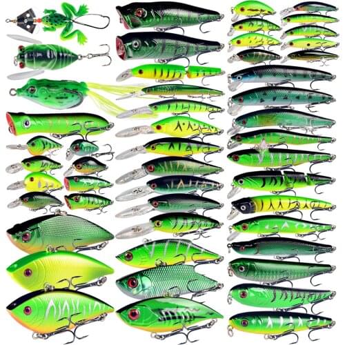 New 50pcs/ Set Fishing Lures Mixed 50 Varisized Minnow/Crank/VIB/Popper Lure and Rubber Soft Bass Spinnerbait Spoon Fish Tackle